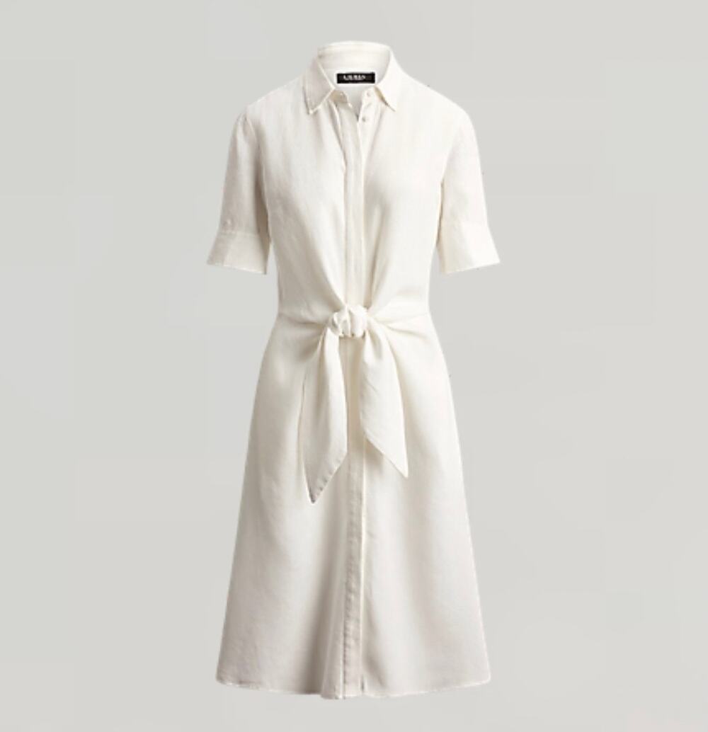 Lauren Ralph Lauren Tie Front Linen Shirt Dress - White Midi Button Down Size 4